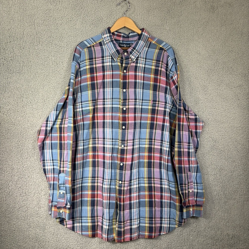 Ralph Lauren Shirt Mens 3XLT Blue Plaid Linen Classic Fit Button Down L/S